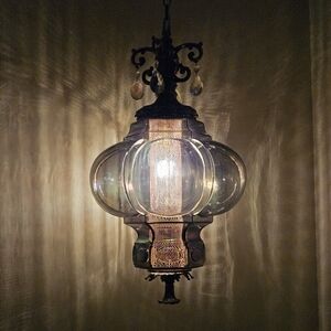 Vintage CARNIVAL Gray Glass Hanging Light Swag Lamp Retro Antique Globe MCM